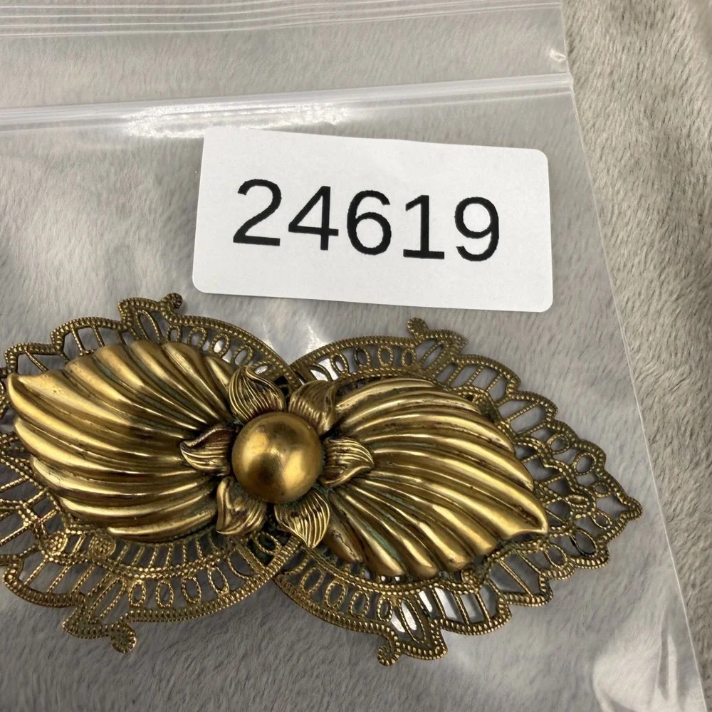 Vintage Estate Brooch Gold Tone Art Deco Flower Bow Filigree Pin 3.5in
